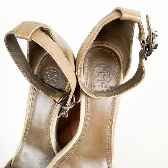 Tory Burch Thames Suede Leather Ankle Strap Wedge Sandals in Taupe Beige - 8 - Picture 4 of 10